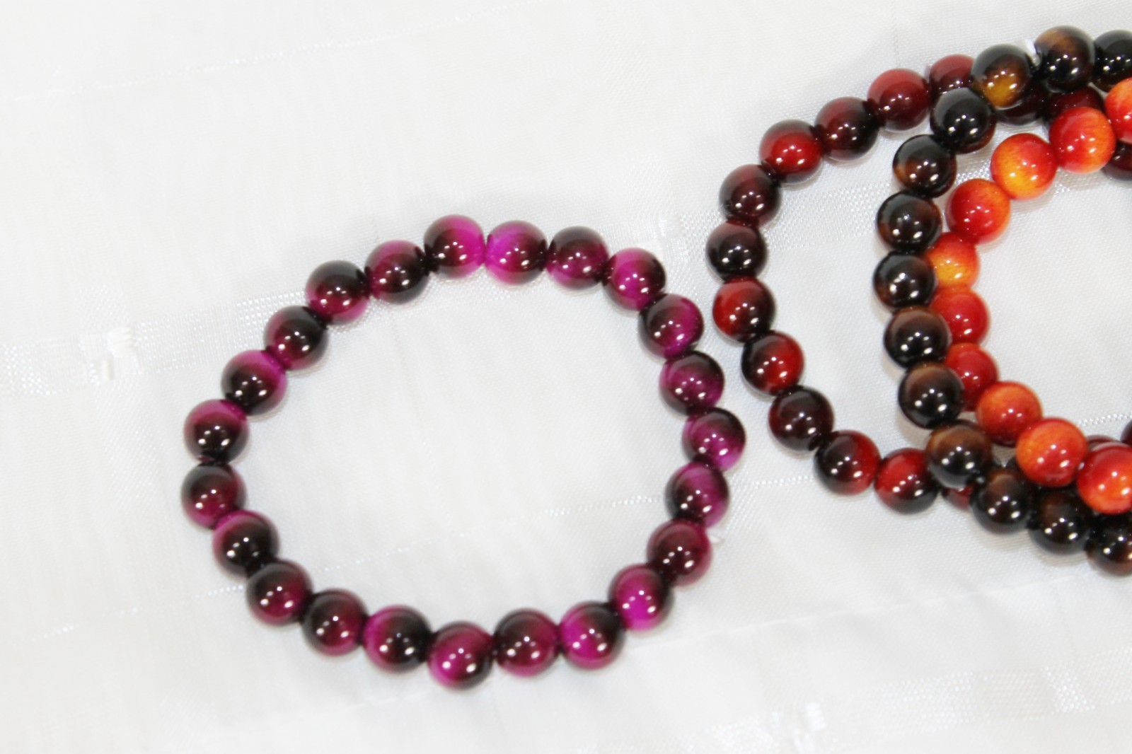 4 Tiger Eye Round Glass Beaded Stretch Bracelets Pink Orange Brown
