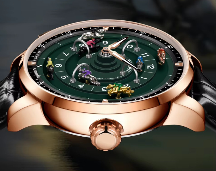 PINDU Men’s Automatic Watch Horse Racing Track Rotating 46mm Watch Gold Case