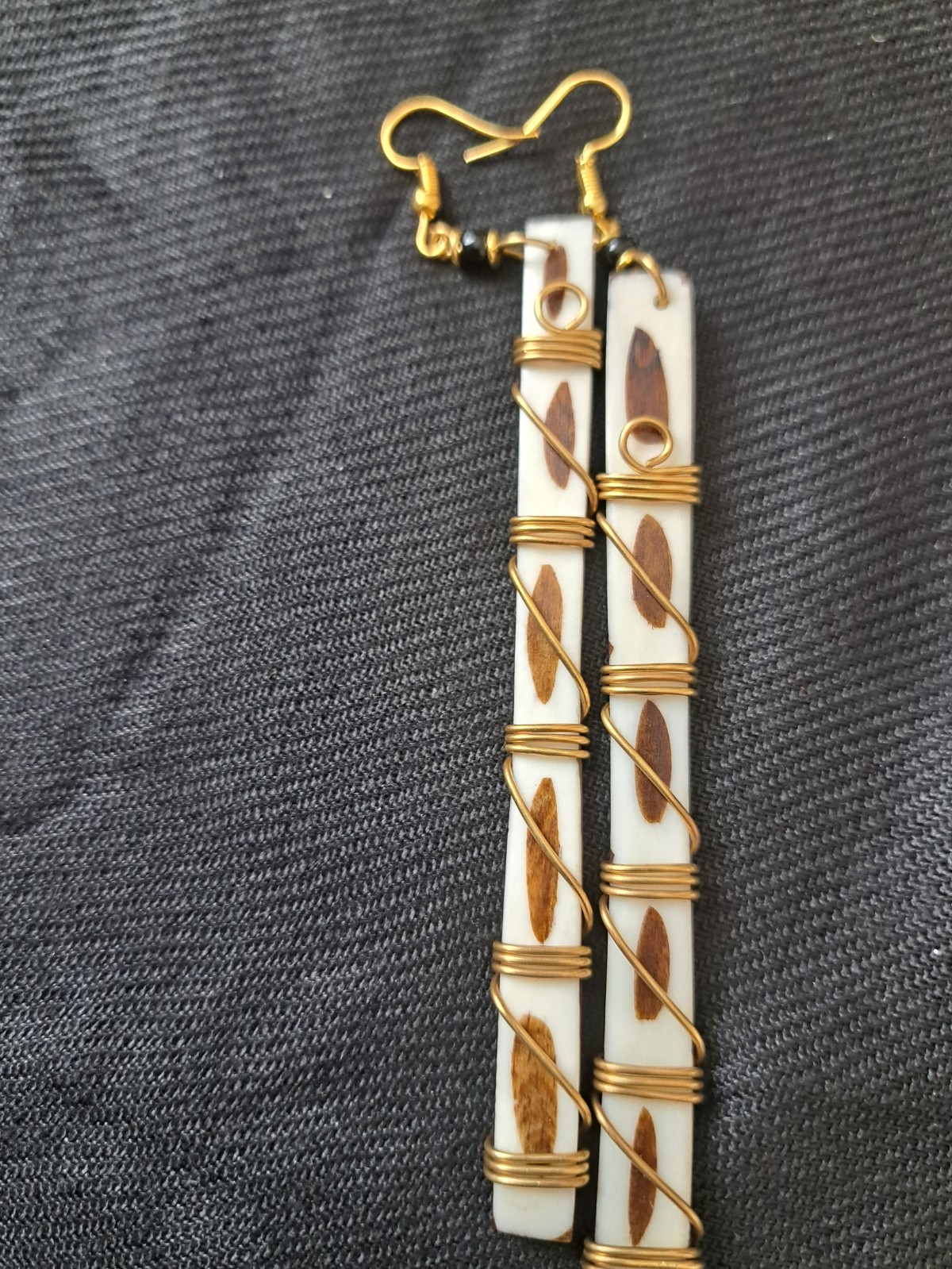 5″ Handcrafted African Bone Dangling Earrings With Bronze Spiral From Kenya