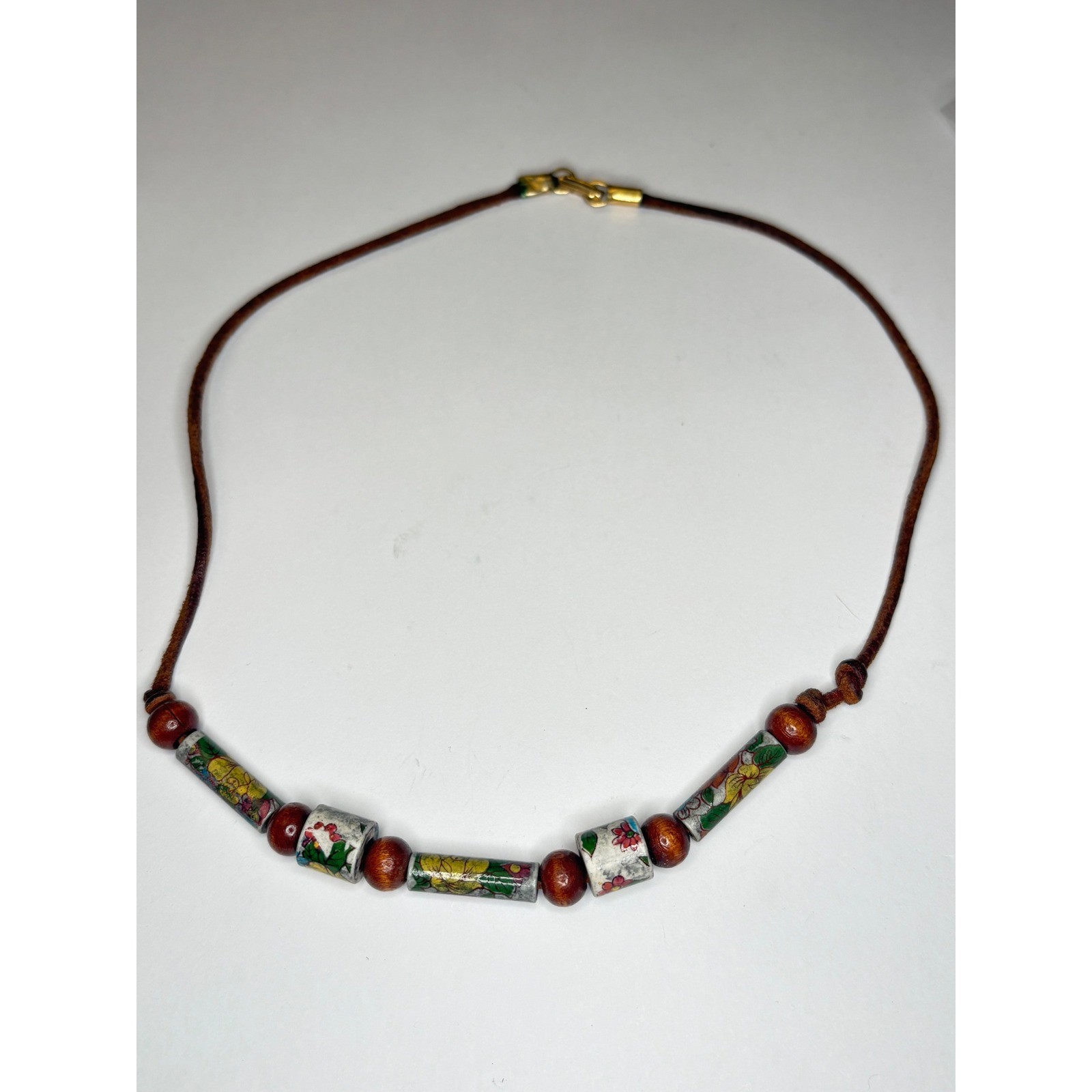 Vintage Floral Hand Painted Ceramic & Wood Bead Leather Cord Necklace 17″