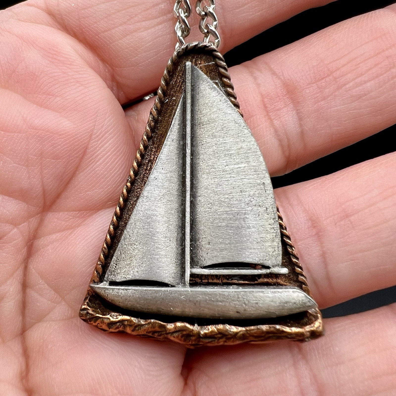 Vintage Sailboat Pendant Necklace Mixed Metal Nautical Maritime 16″