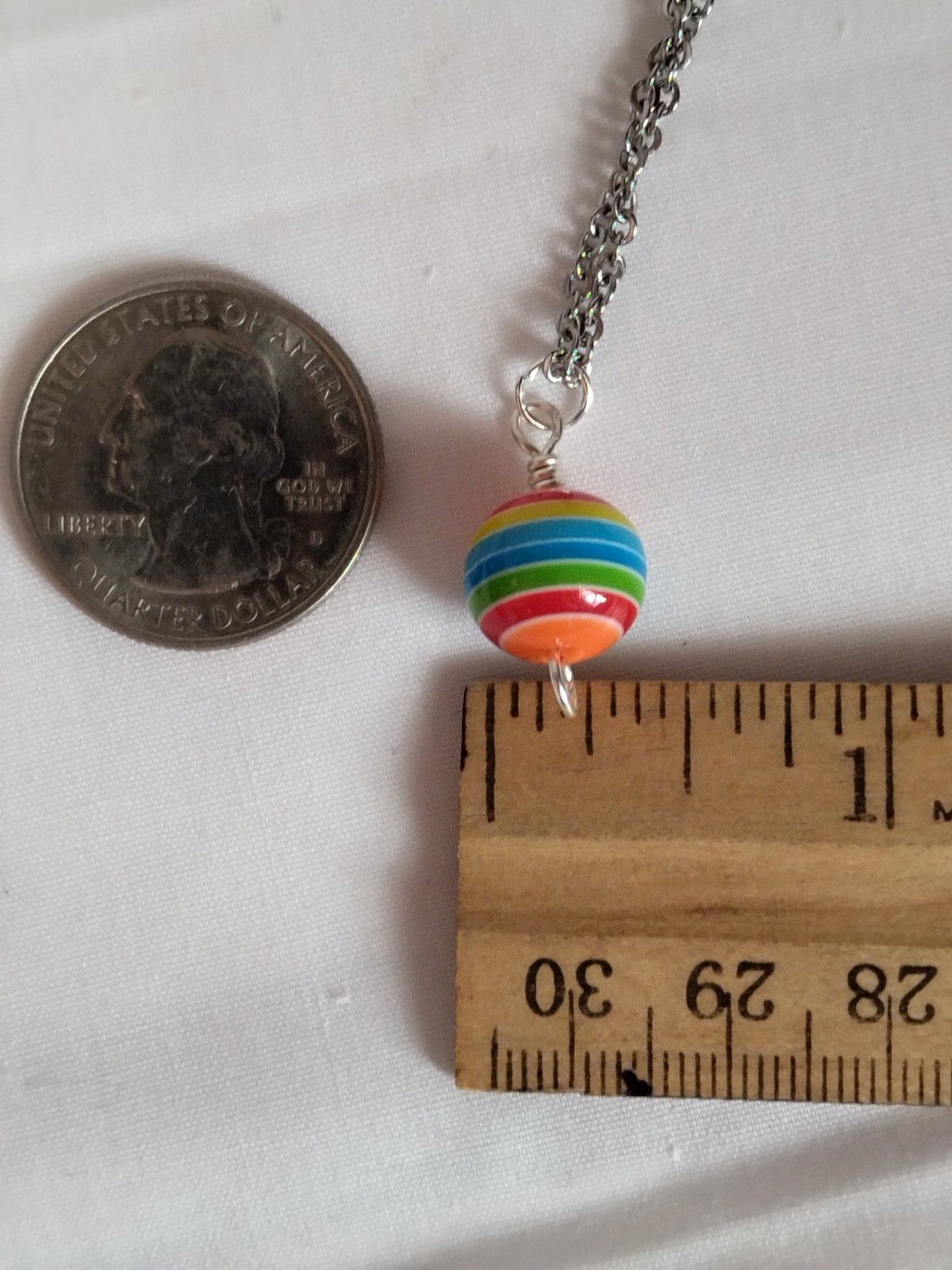 Rainbow Stripe Resin Bead Pendant Necklace Handmade Stainless Steel Chain