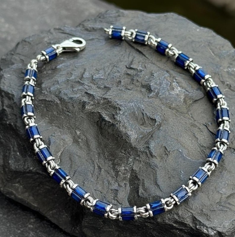 925 Sterling Silver Men Sapphire Byzantine Chain Link Bracelet