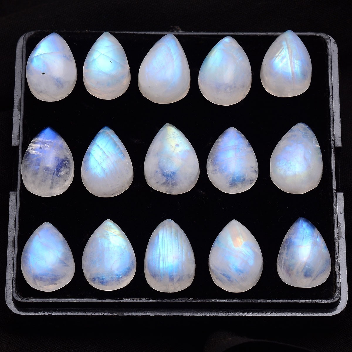 Set 16 Pcs Natural Moonstone Blue Shine 13.25mm-14.50mm Pear Cabochon Gemstones