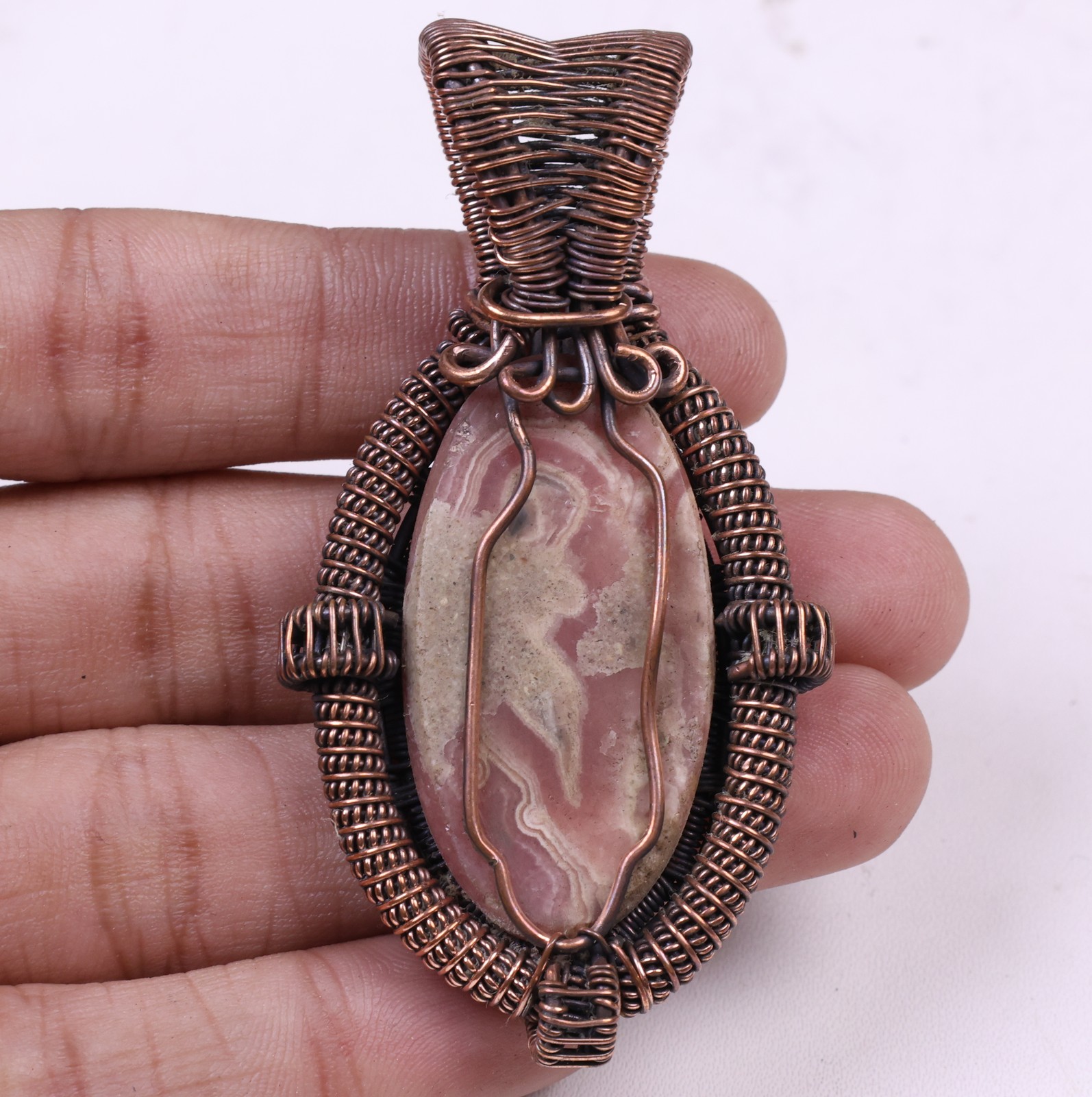 Rhodochrosite Copper Wire Wrap Pendant Gemstone Jewelry 6.6’cm