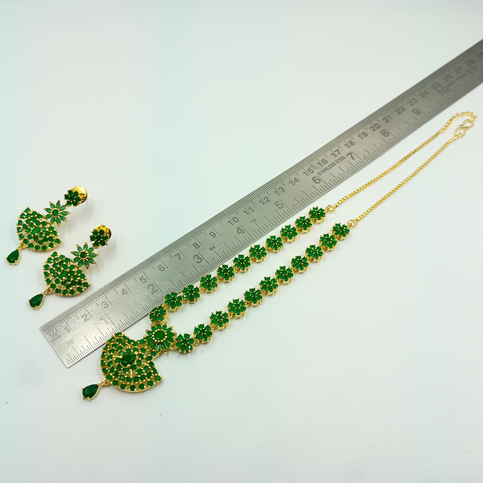 Traditional South Indian 22k Gold Plated Emerald Stone Necklace Set