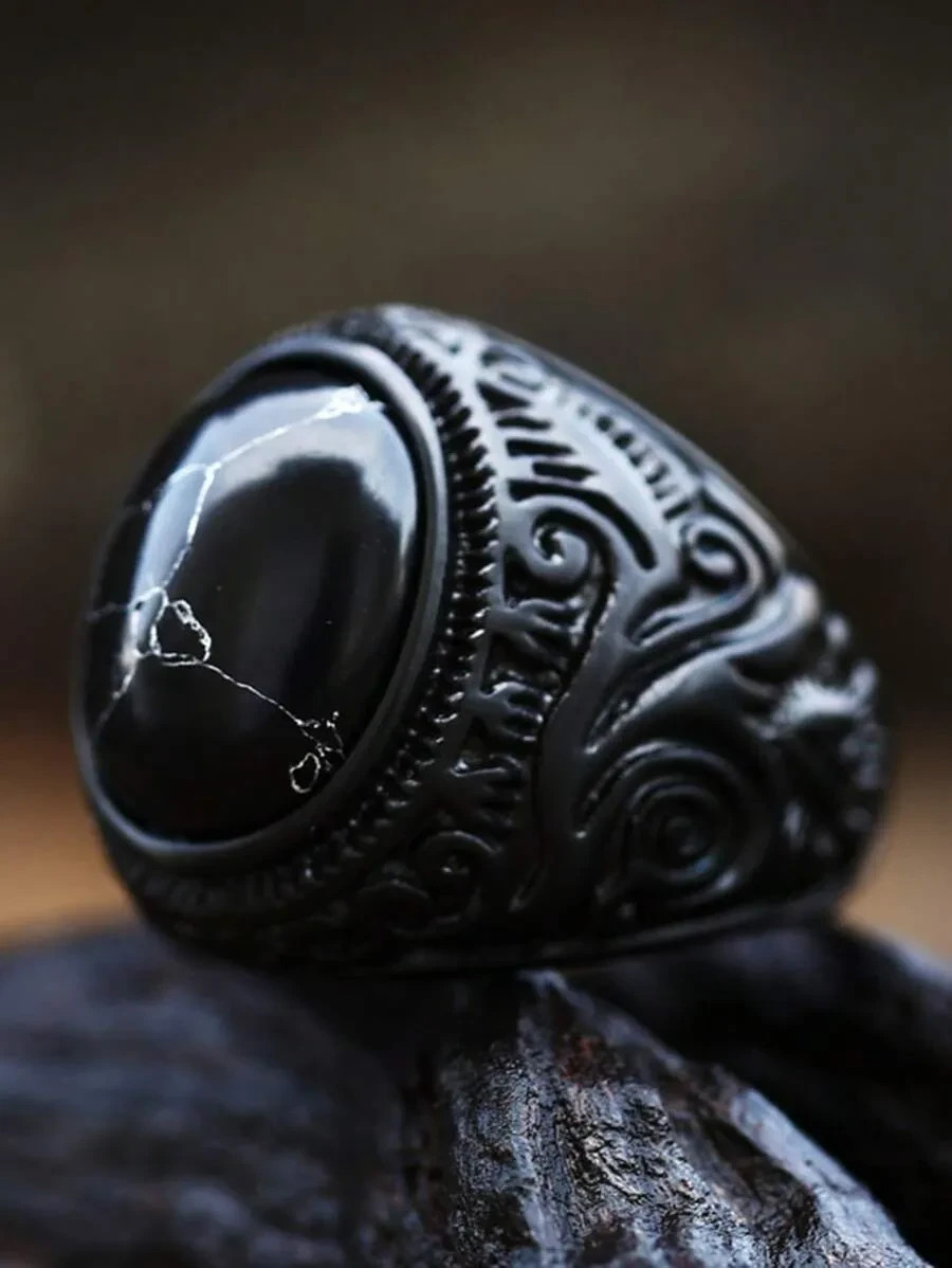 1Pc Men’s Vintage Black Stainless Steel Ring | Resin Stone Fashion Jewelry Gift