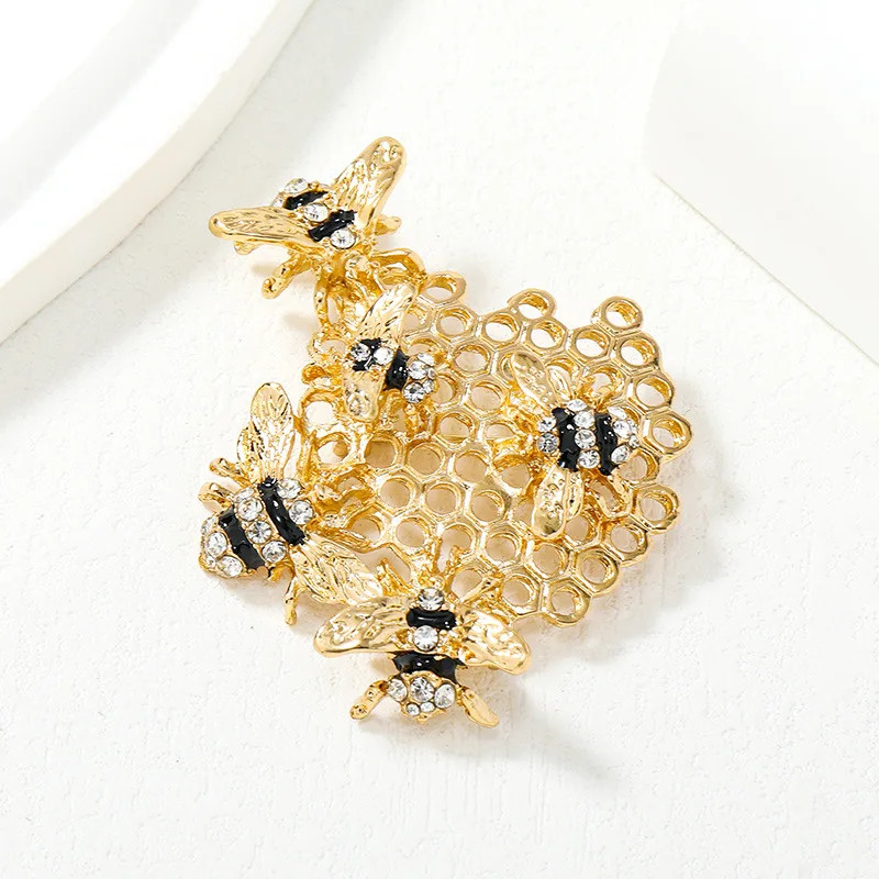 Vintage Gold Rhinestone Bees Brooch Pin – Unisex Insect Jewelry Honeycomb Gift