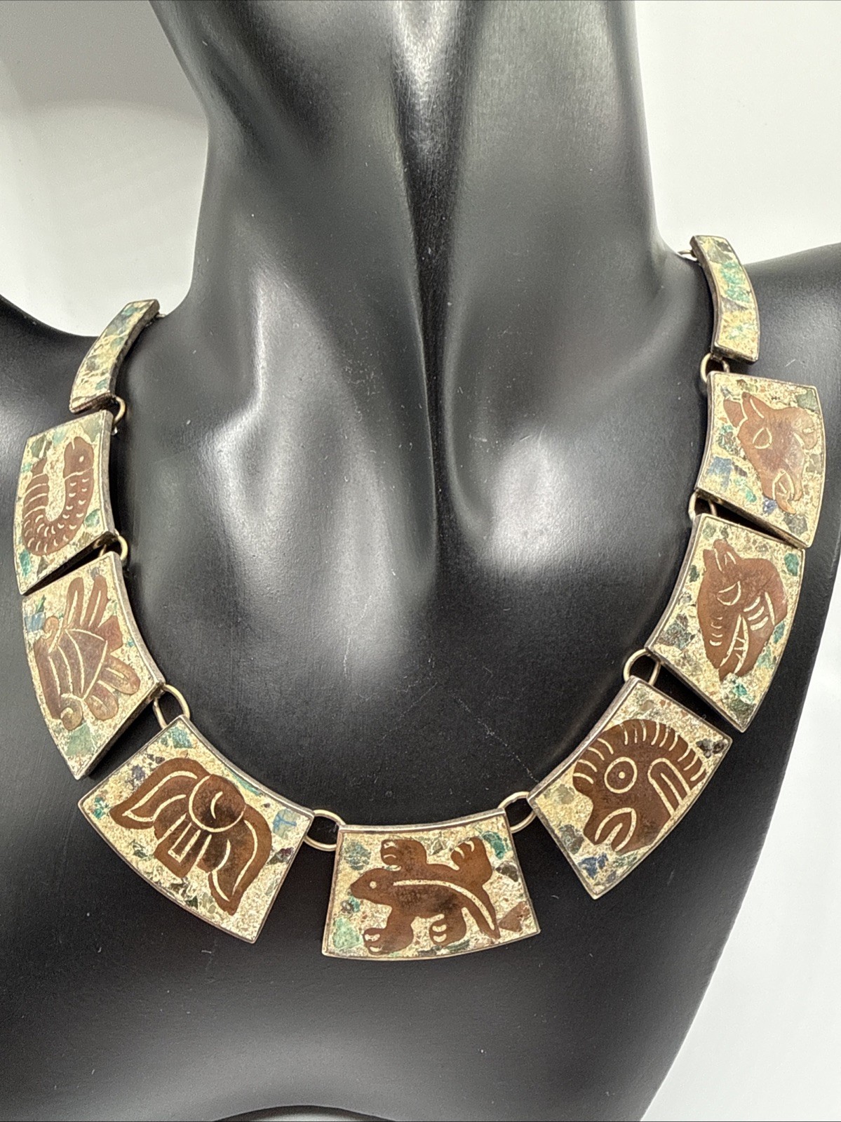 VTG HECHO EN MEXICO 925 STERLING MIXED STONES AZTEC NECKLACE.56.8 GRAMS.SIGN DH?