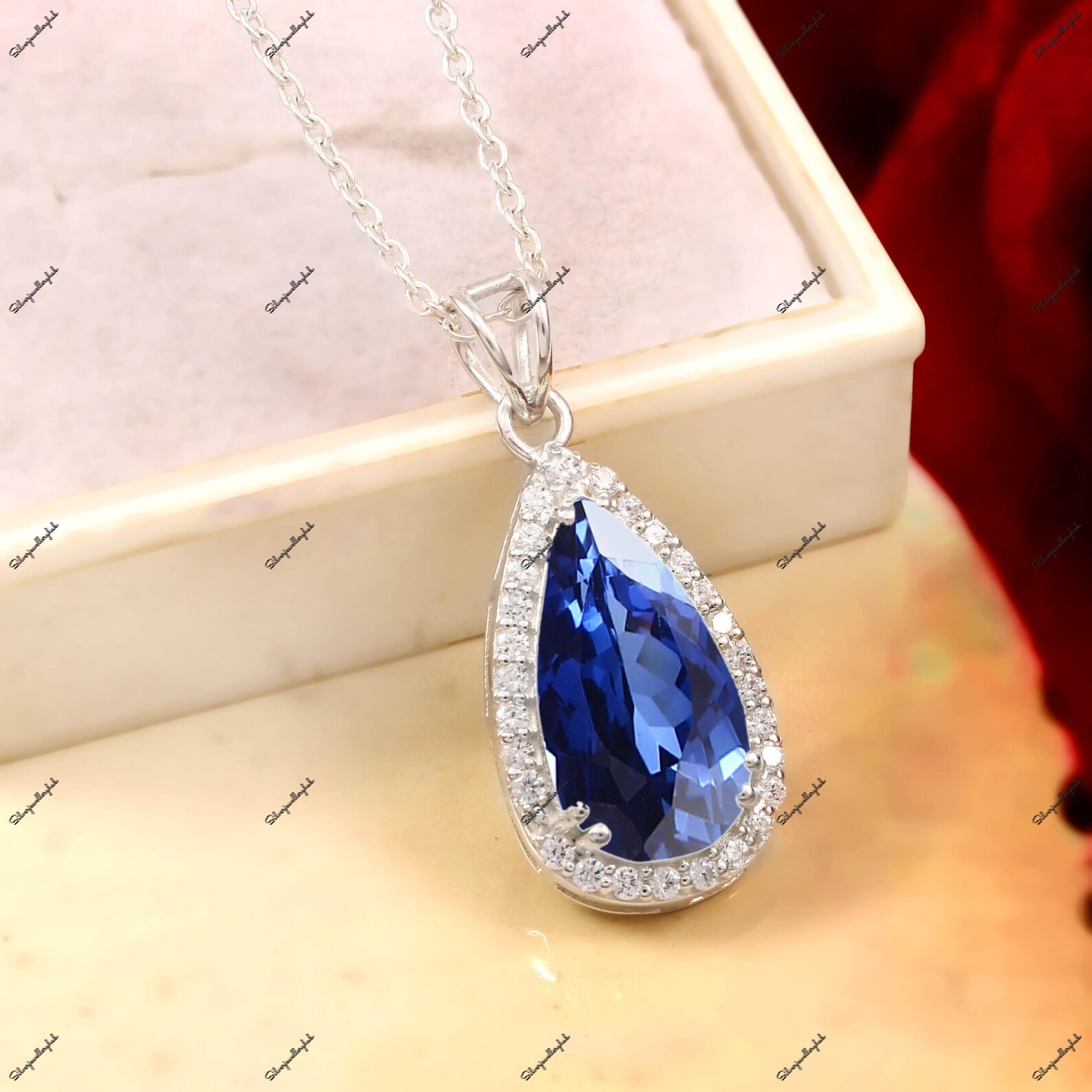 Ceylon Blue Sapphire Pear Pendant 925 Sterling Silver Halo Wedding Gift Necklace