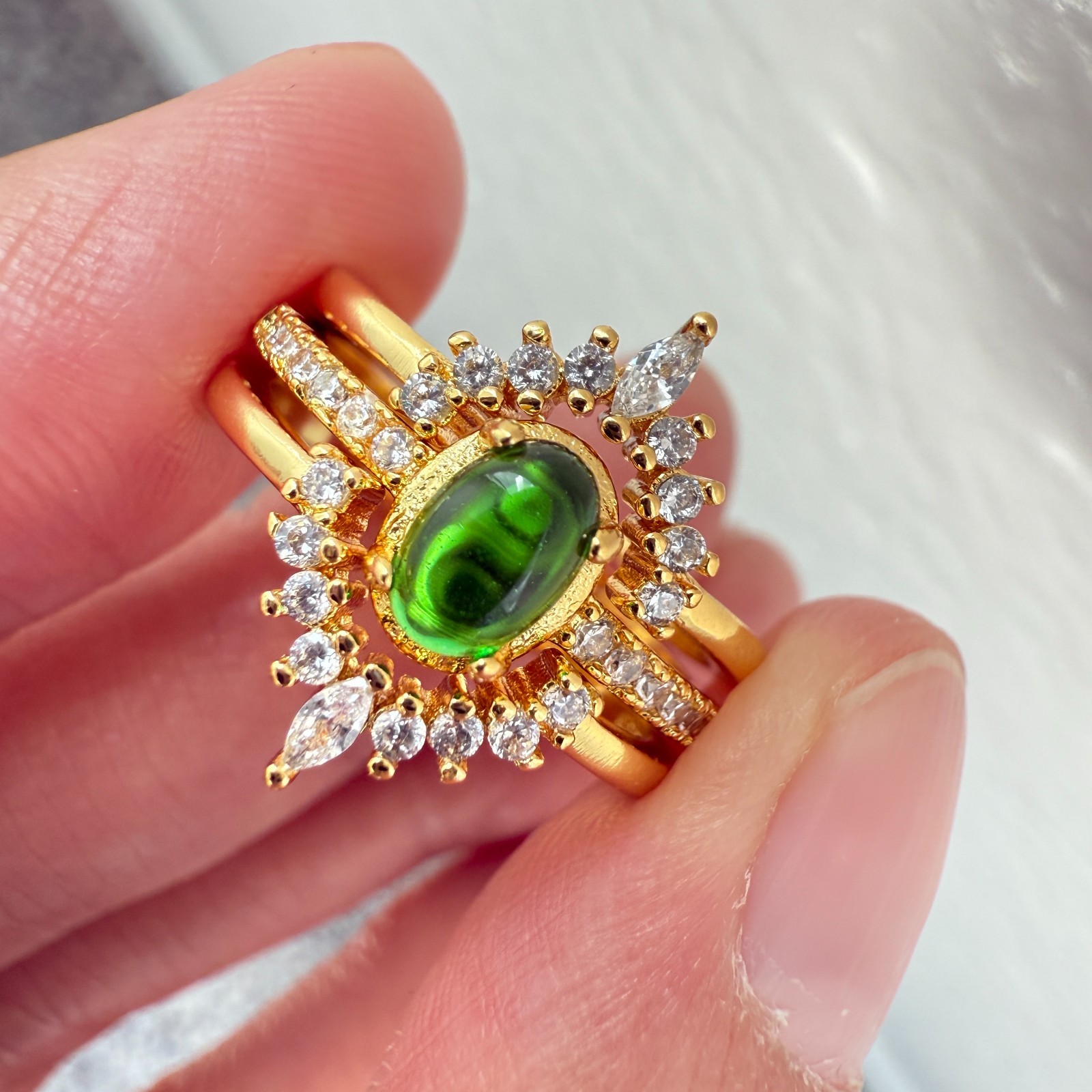 925 Sterling Silver Ring 3in1 6x4mm Green Natural Emerald Gemstone Zircon Flower