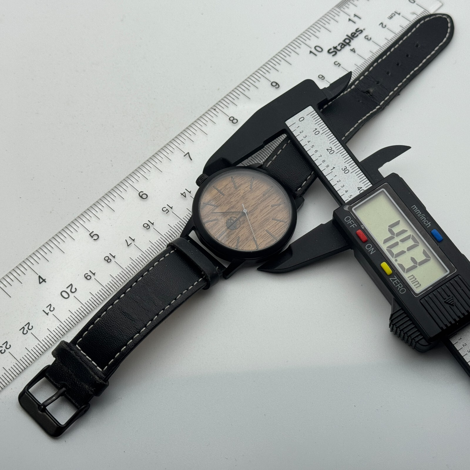 VH Quartz Watch Men Black Wood Grain Dial Japan Movt Leather Analog New Battery
