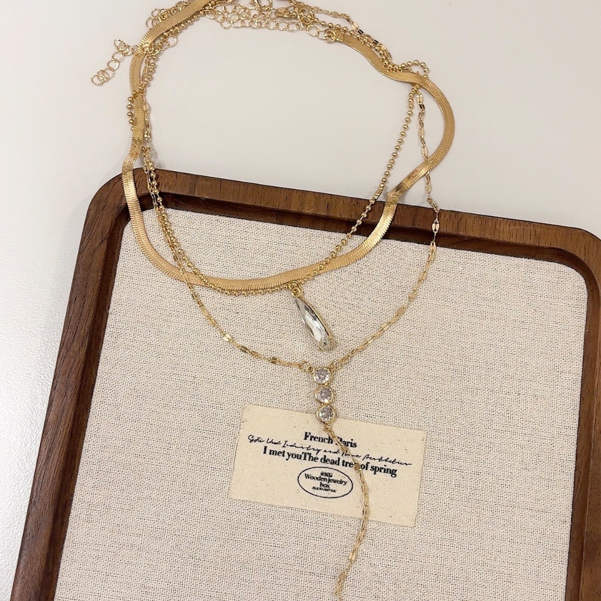3 Layer Stacked Lariat Gold Herringbone Choker Teardrop Zircon Y-Drop Necklace