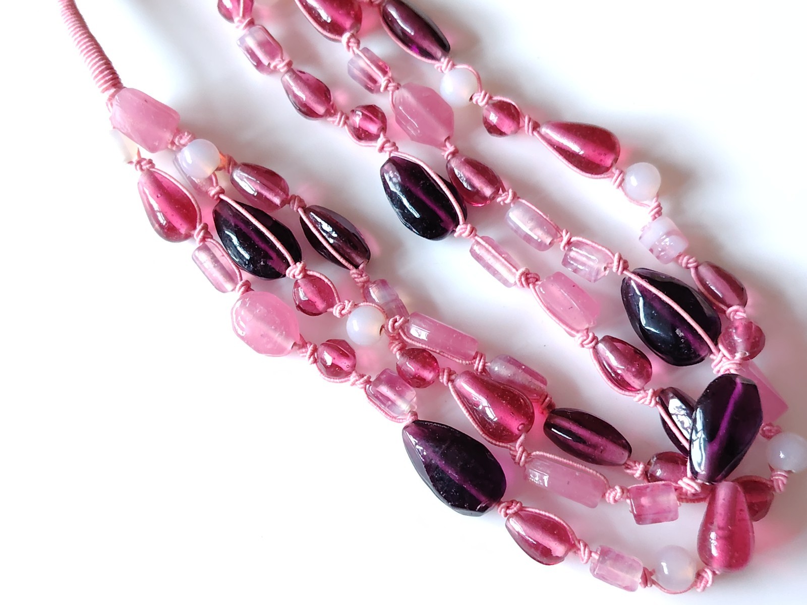 Pink Material Glass Bead Necklace Multi strand Mixed Shape Layering Toggle Clasp