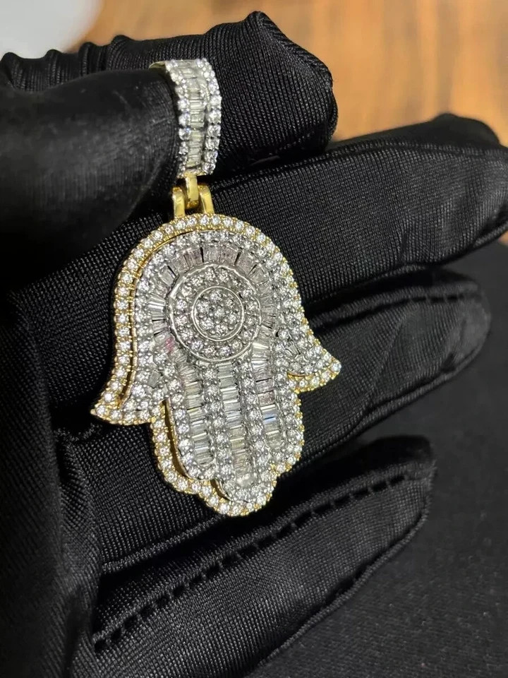 Men’s Hamsa Pendant 2Ct Round Cut Real Moissanite 14k Yellow Gold Plated Silver