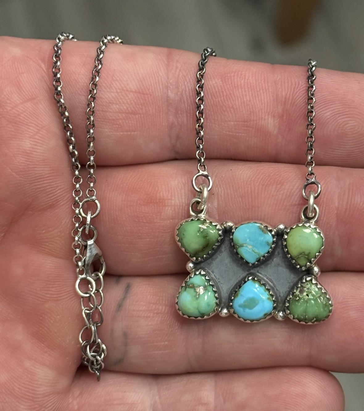 STERLING SILVER SONORAN GOLD TURQUOISE 2 ROW 6 STONE CLUSTER BAR NECKLACE .925