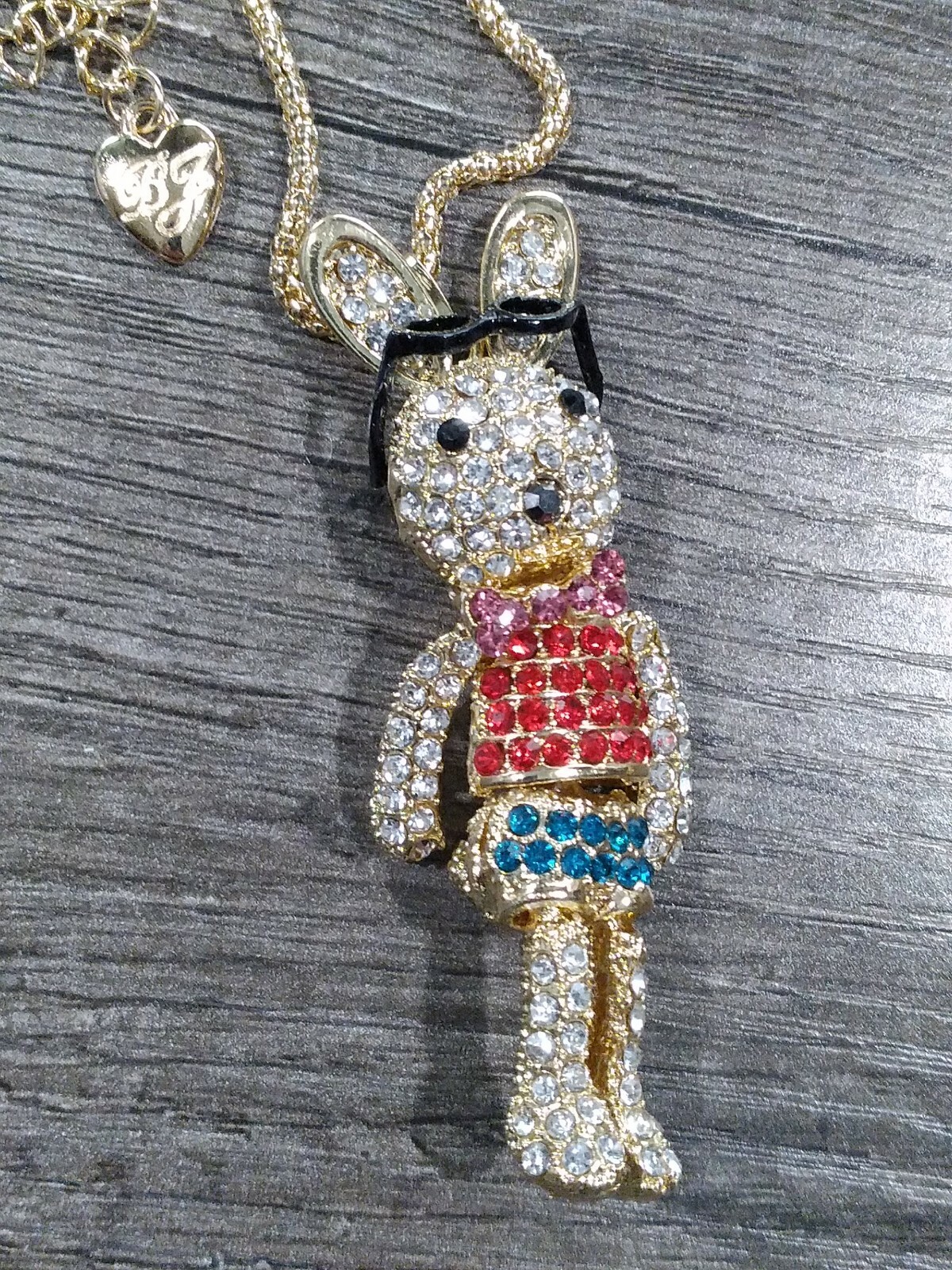 Eclectic Whimsical RED & BLUE BUNNY RABBIT GLASSES Rhinestone Pendant Necklace