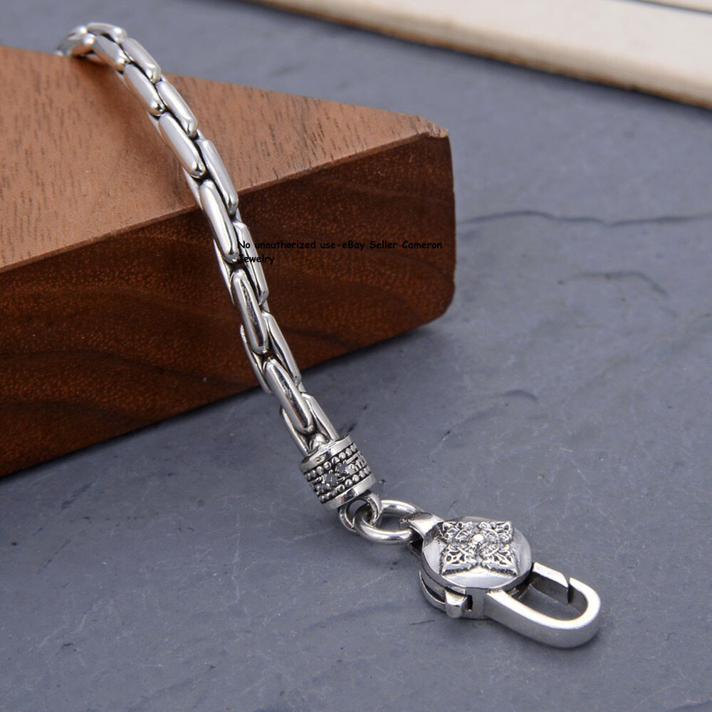 Solid S925 Sterling Silver Chain 3.5mm Vajra Bamboo Link Bracelet 6.3-8.7inch