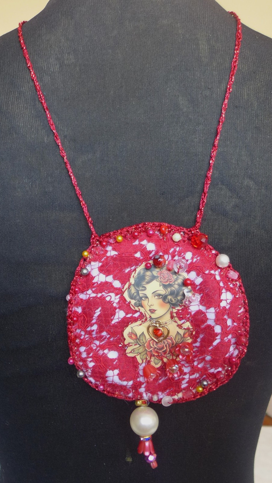 Handmade Crocheted art Necklace Cotton Fabrics embroidered crocheted+ Beads
