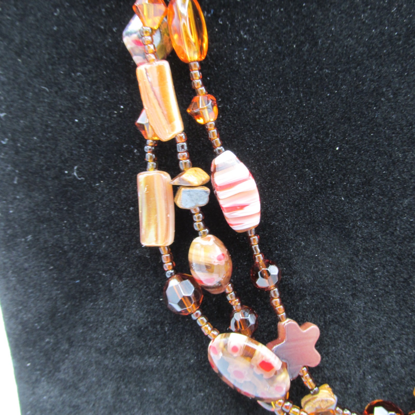 Triple Strand Necklace Amber Copper Brown Silver Tone Metal Lampwork Glass Bead