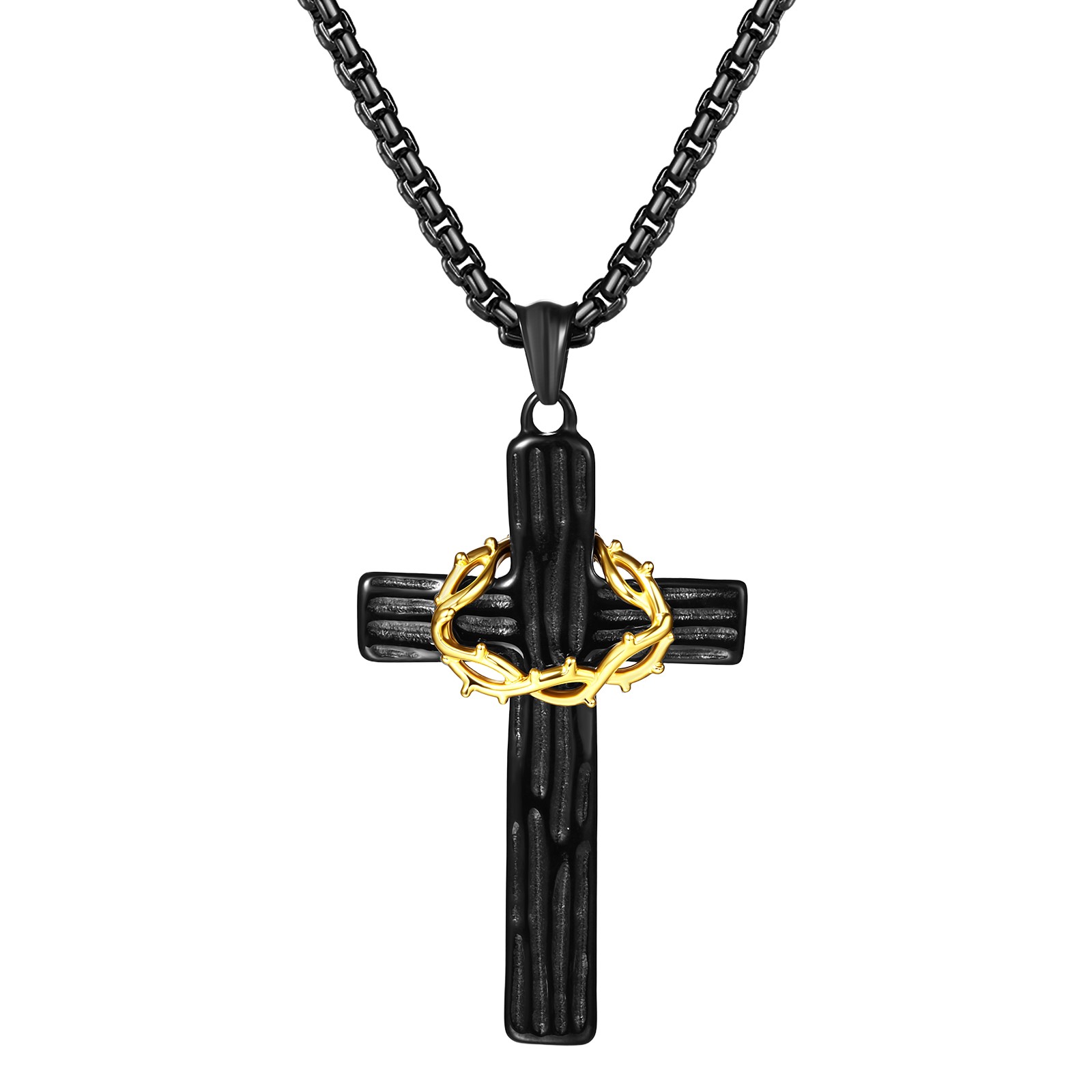 Men’s Black&Silver Cross Thorn Crown Necklace Religious Pendant Stainless Steel