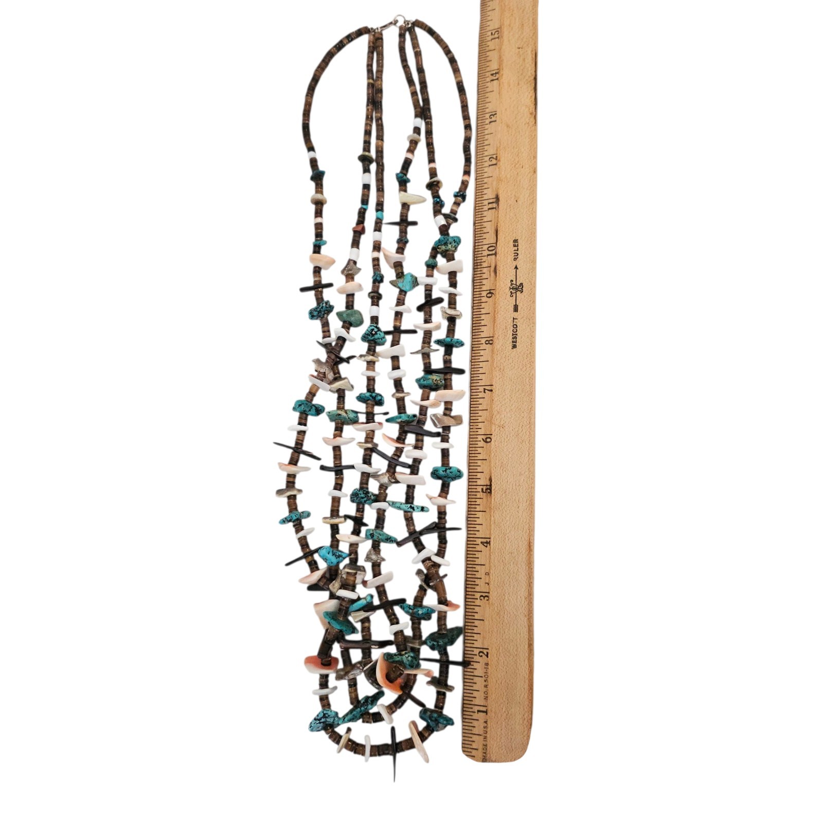 Santo Domingo Native American 3 strand Turquoise Shell Tab Necklace 32 In