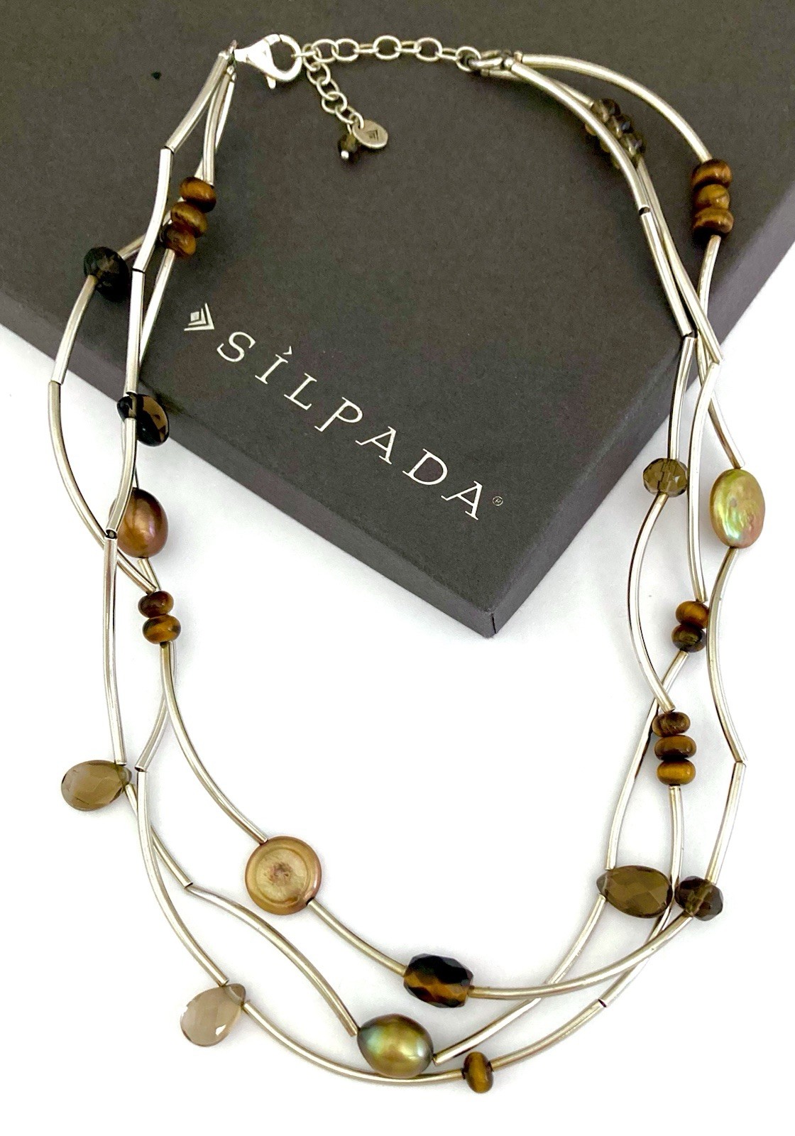 SILPADA Sterling Silver TUBE BEAD-PEARL-SMOKY QUARTZ-TIGER’S EYE Necklace~#N2264