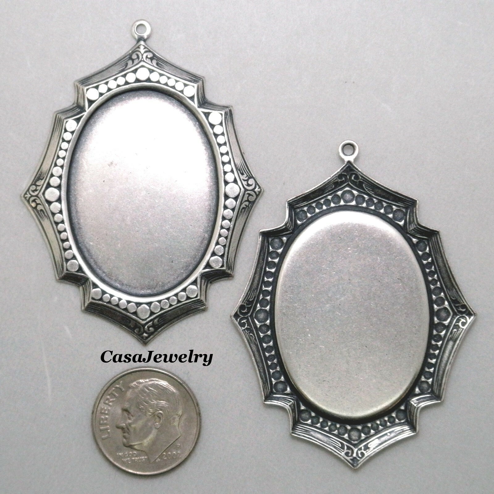 #4163 ANTIQUED STERLING SILVER PLATED 32x24mm BEZEL W/TOP HANG RING – 2 Pc Lot