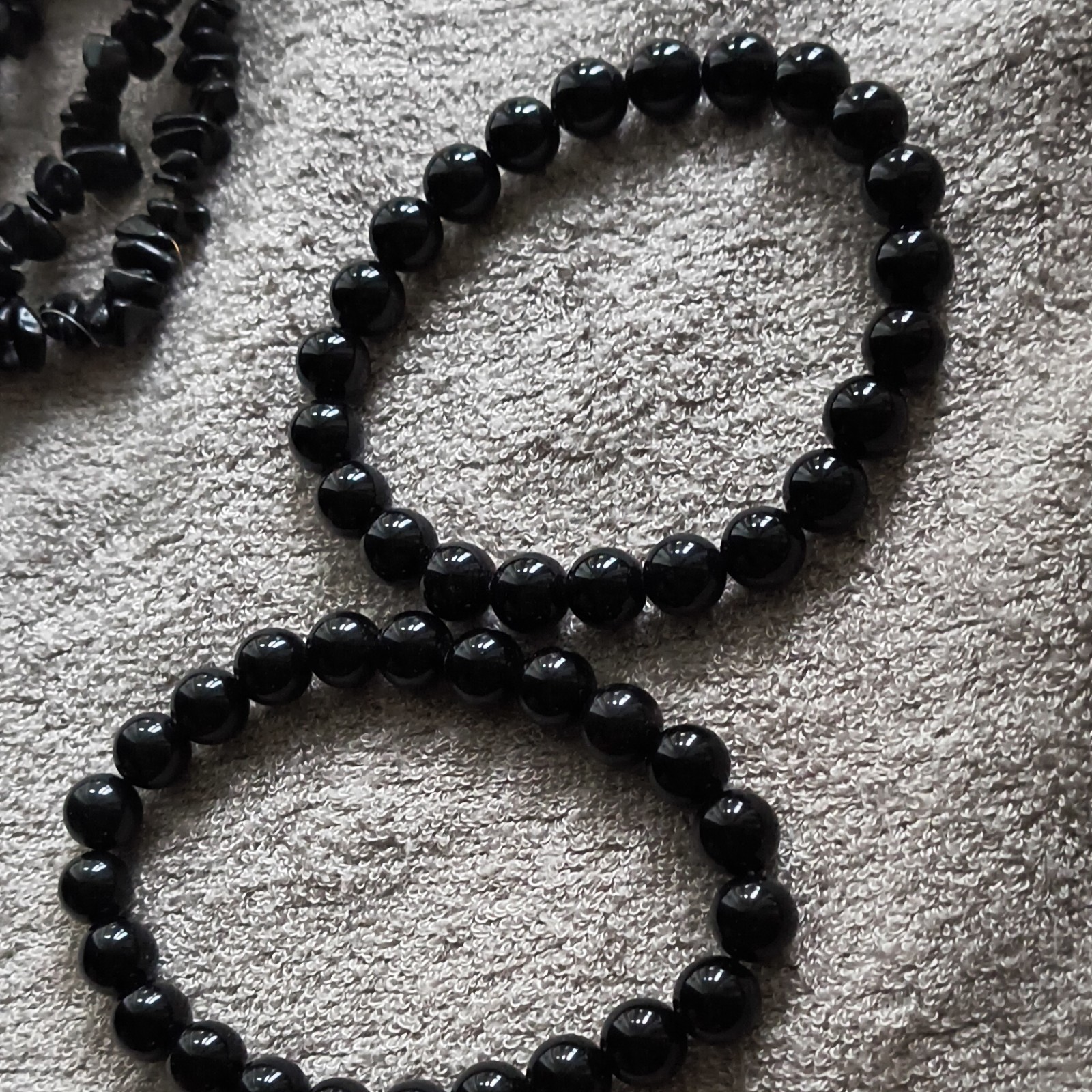 Lot of 2 Black Round Stone Beaded Stretch Bracelets, No Clasp