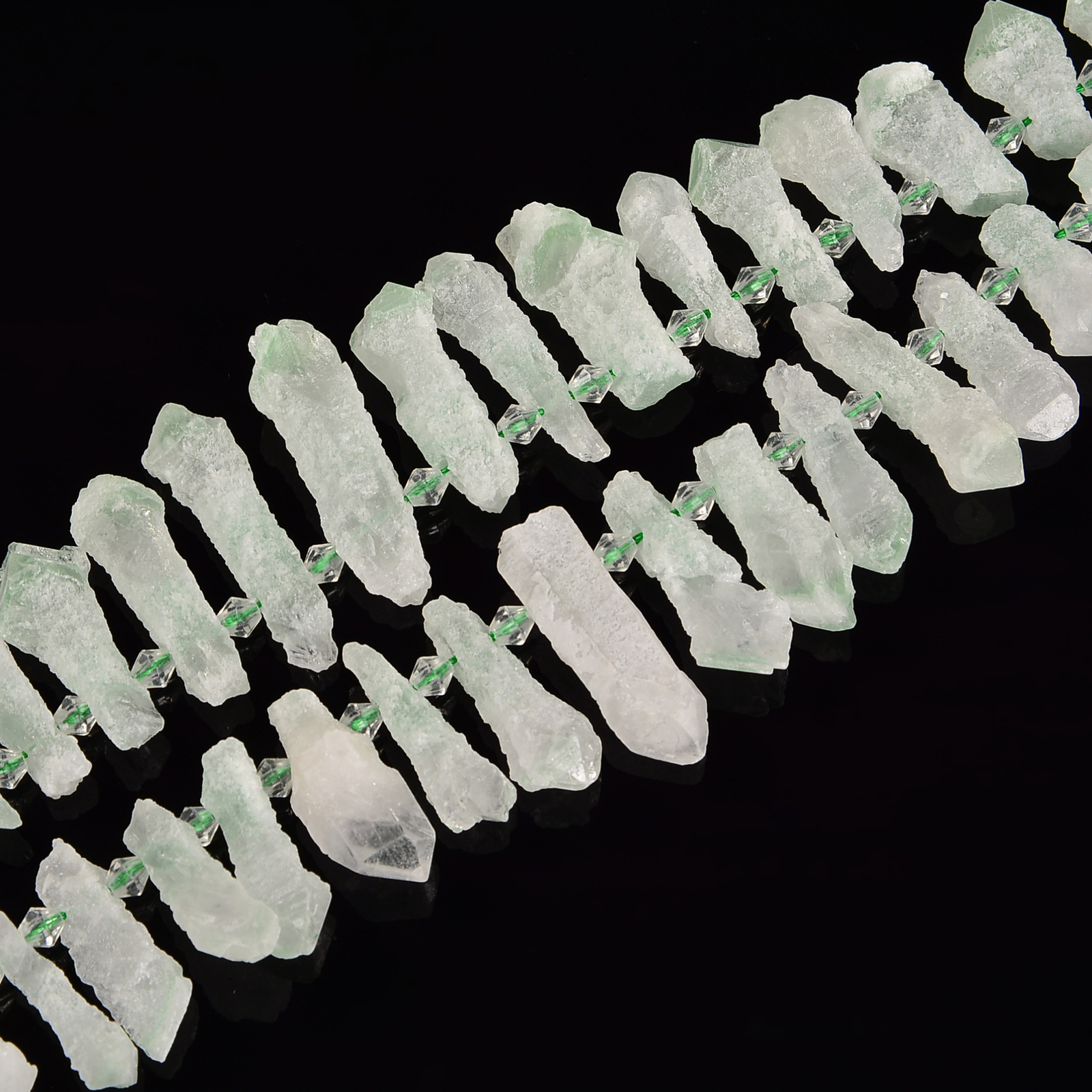 Light Green Quartz Top Drill Rough Long Points 15-22mm 18-25mm 30-35mm 15.5”Str