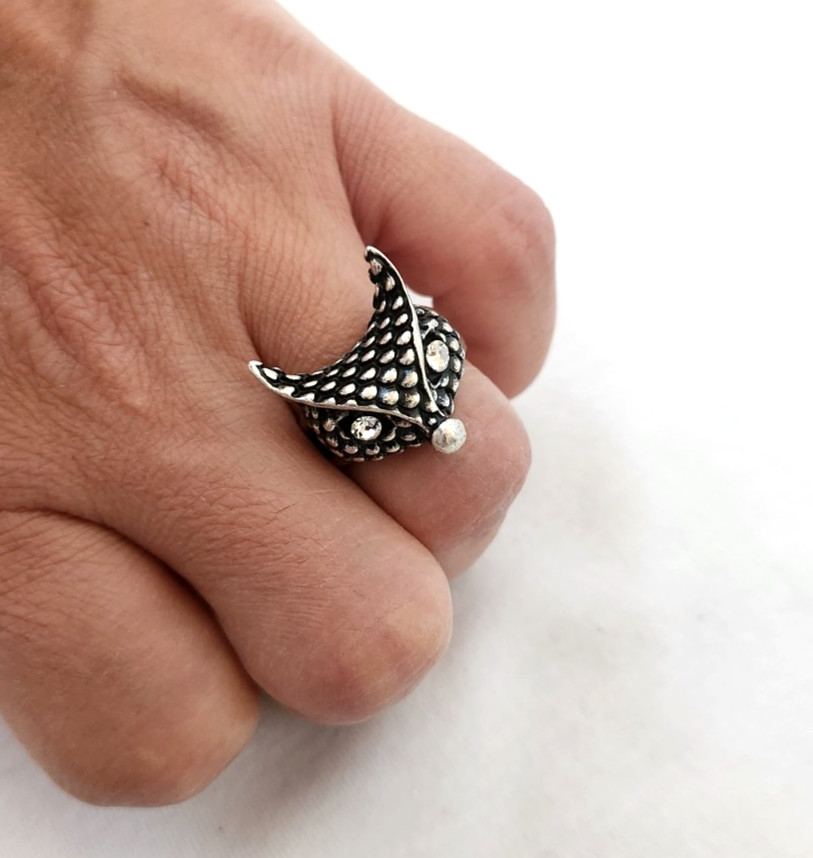 Vintage Silver Tone Fox Face Ring Cubic Zirconia Eyes Statement Jewelry Size 7