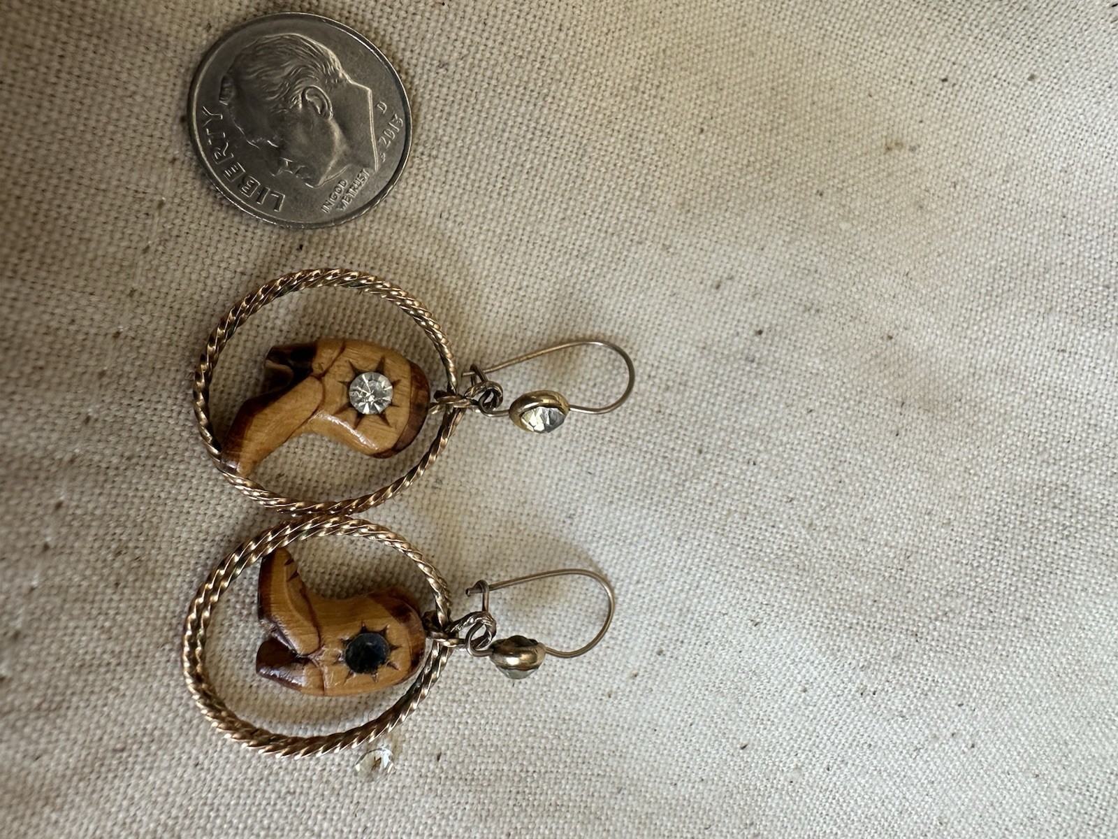 Gold Tone Hoop Dangle Earrings Brown Wood Charm Clear Round Crystal Hook Pair