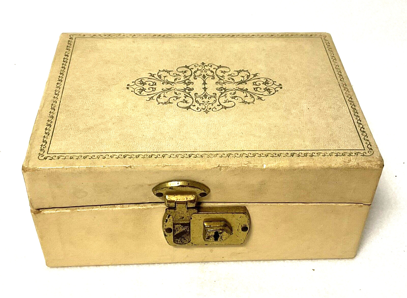Vintage MCM 2 Level Beige/Gold Jewelry Box Sage Green Interior Flip Lock No Key