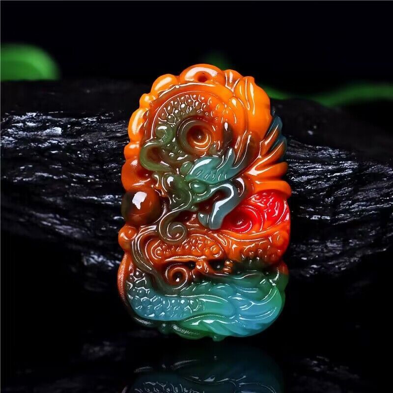Jade Dragon Pendant Jewelry Natural Necklace Colorful Charm Carved Real Stone