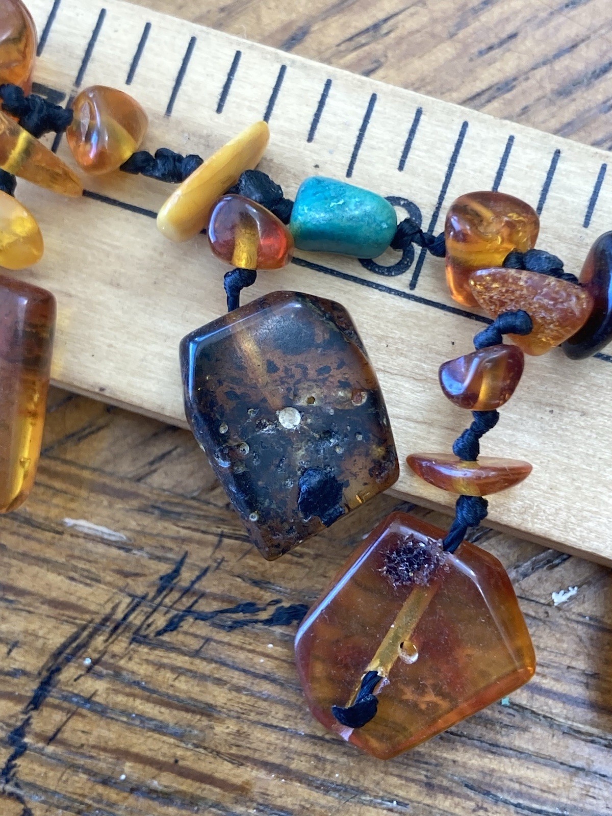 Vintage Necklace Baltic butterscotch amber, turquoise Chips 16.5″ Artisan OOAK