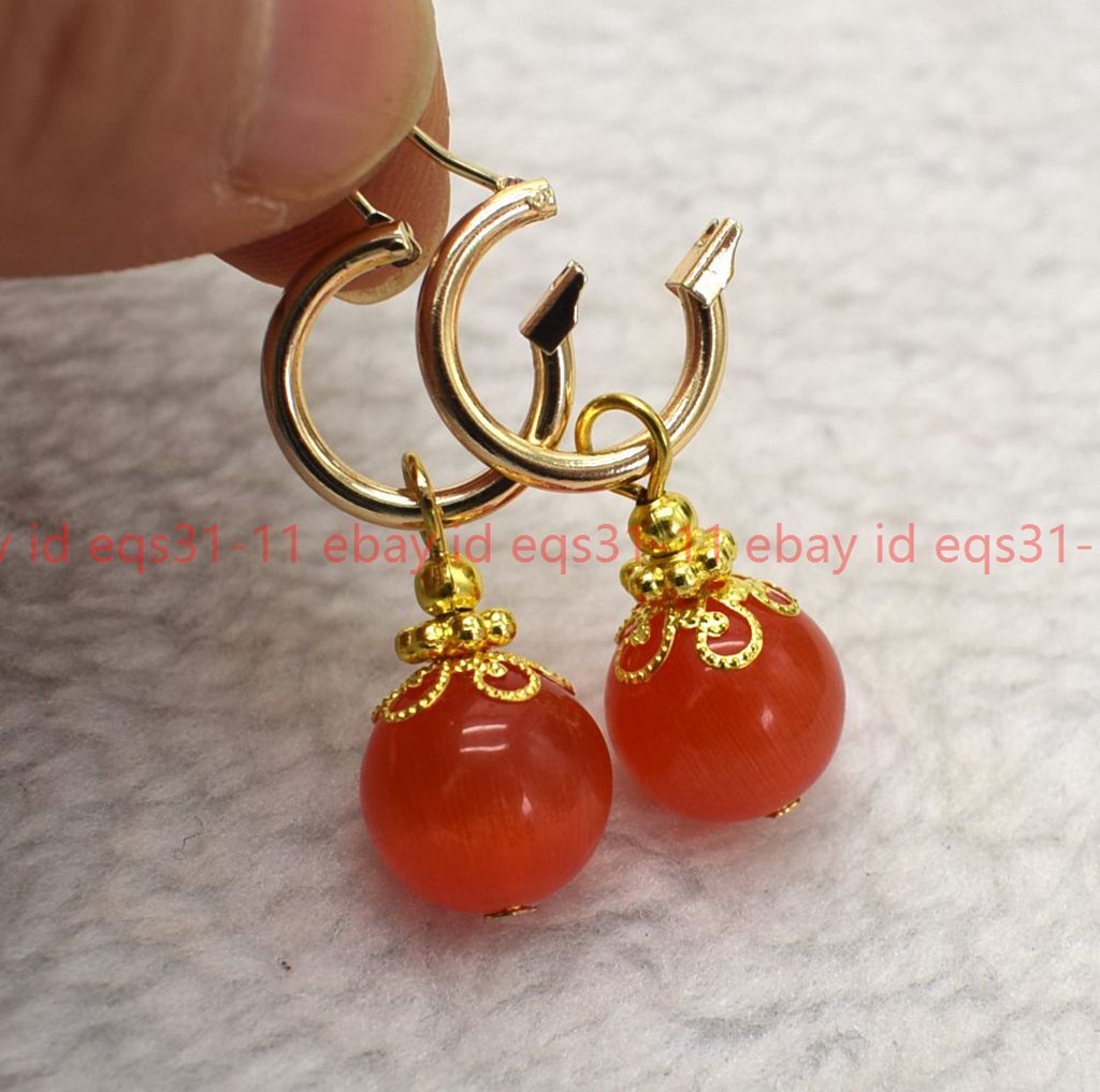 Genuine 8/10/12mm Orange Cat’s Eye Opal Round Gemstone Beads Leveback Earrings
