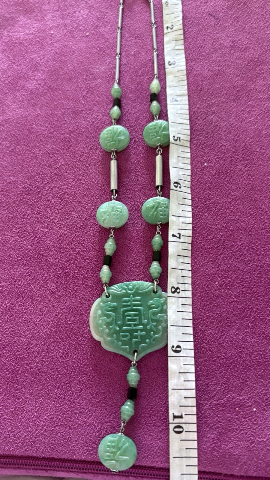 Chinese Style Faux Jade Plastic Pendant Necklace Green Good Fortune Dragon 22″