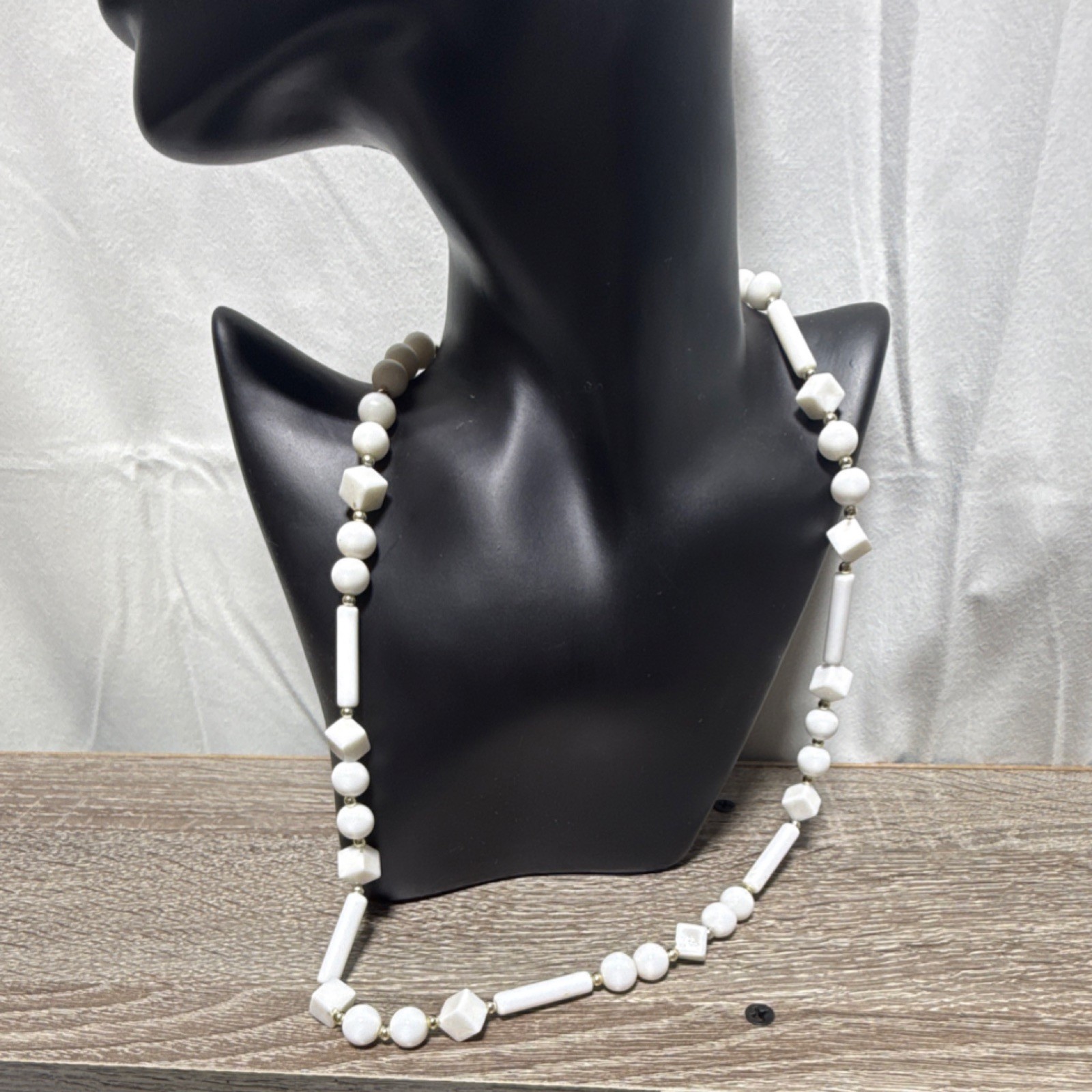 White Beaded Necklace Round Beads w/ Tube & Cube Beads Ball/Bead Chain