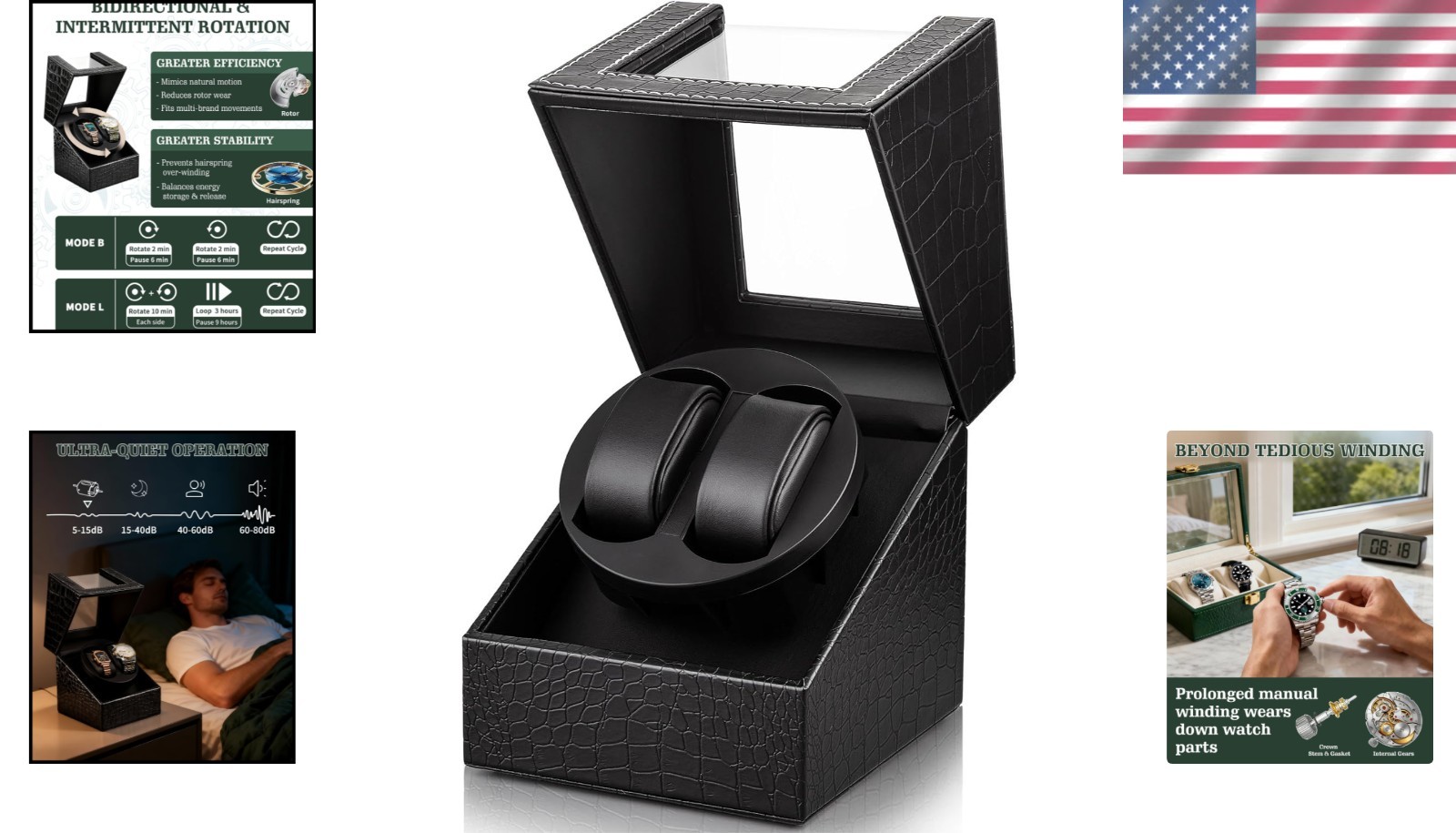 Automatic Double Watch Winder Box Leather with Quiet Japanese Motor USB Power