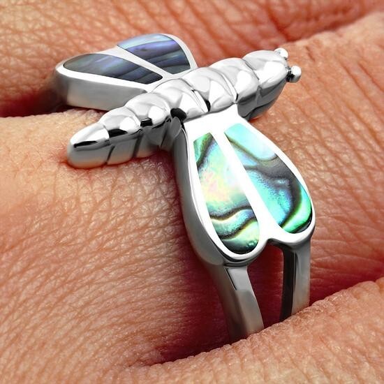 Abalone Shell Dragonfly Sterling Silver Ring Size Q 1/2- MORE SIZES AVAILABLE