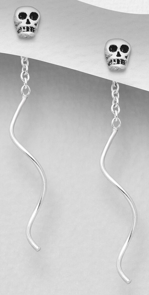 Solid Sterling Silver Tiny 3mm Skull Threader Earrings Goth 27mm=1.06″ Long