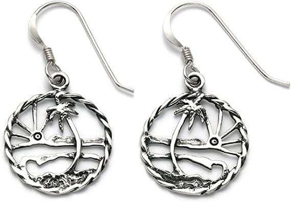 Wildthings Sterling Silver Palm Tree on Beach Openwork Wire Earrings