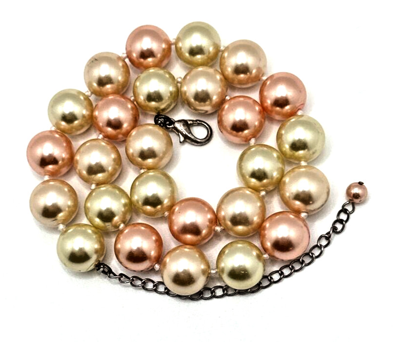 Pastel Peach Pink & Cream Choker Necklace Faux Pearl Glass Bead Statement 18”