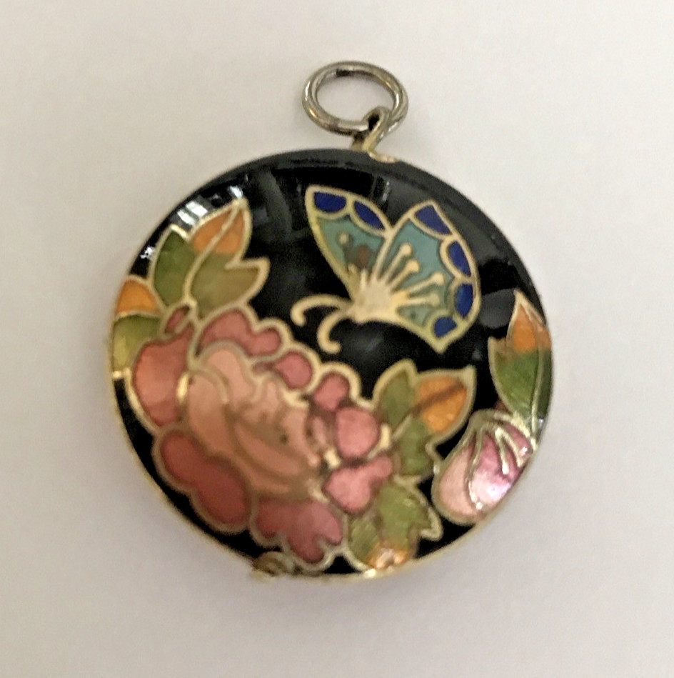 Vintage Cloisonné Pendant Floral Lotus Flower Double Sided Black Pink Blue