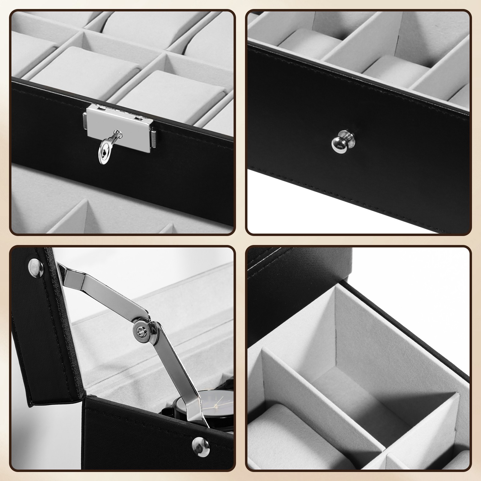 20 Slots Watch Box PU Leather Watch Case Lockable Jewelry Storage Display Case
