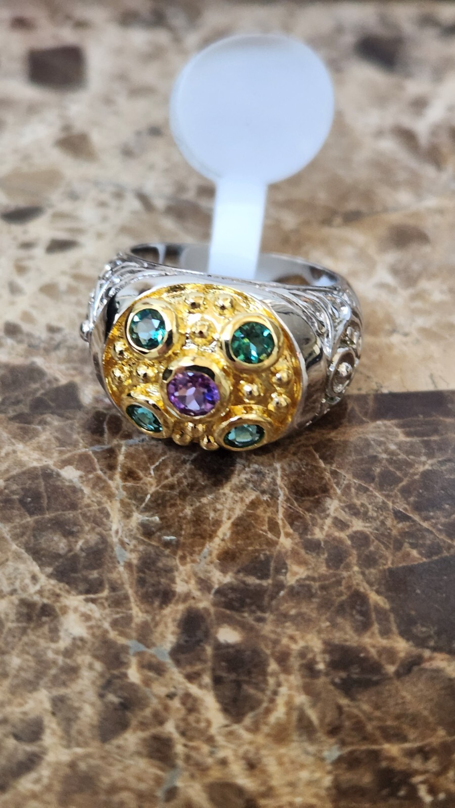 New gold silver plated brass cz 5 stone green purple stones bezel set size 6