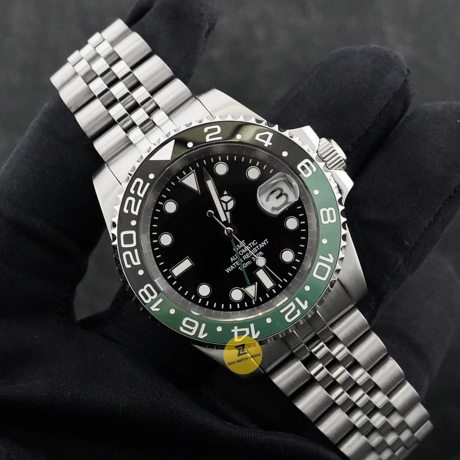 Custom Made 40mm Green Black GMT Sub Diver Mod Watch w/ NH34 Movement