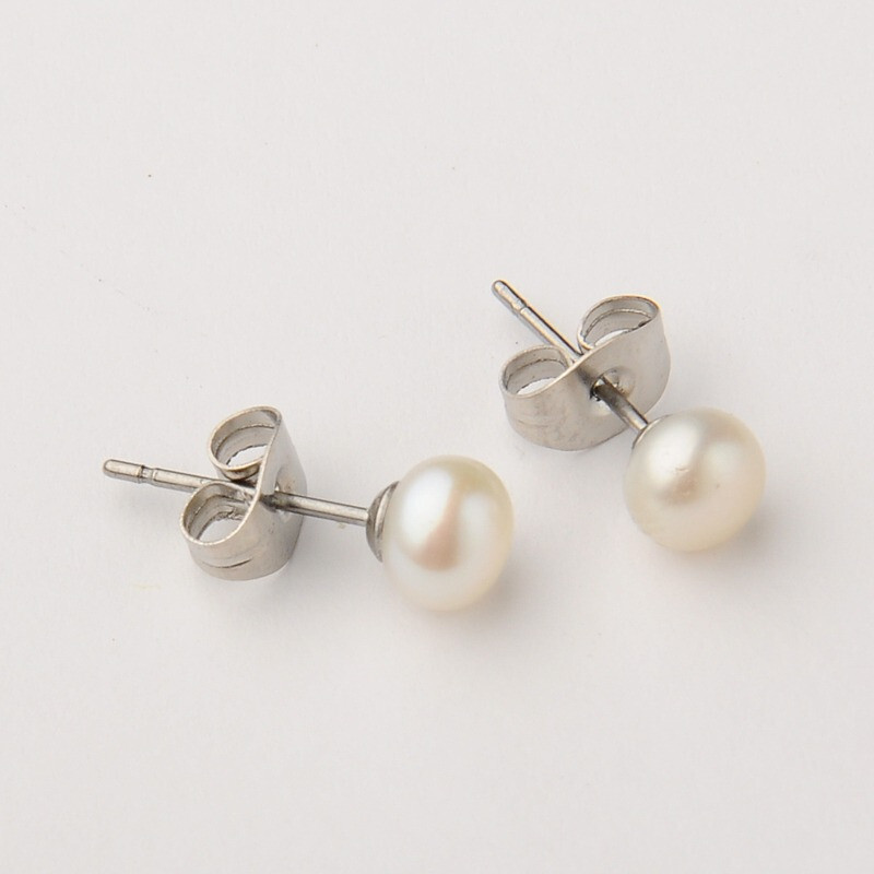 Stud Pearl Stainless Steel Minimalist Earrings, Seashell Color. 5~5.5mm in diam