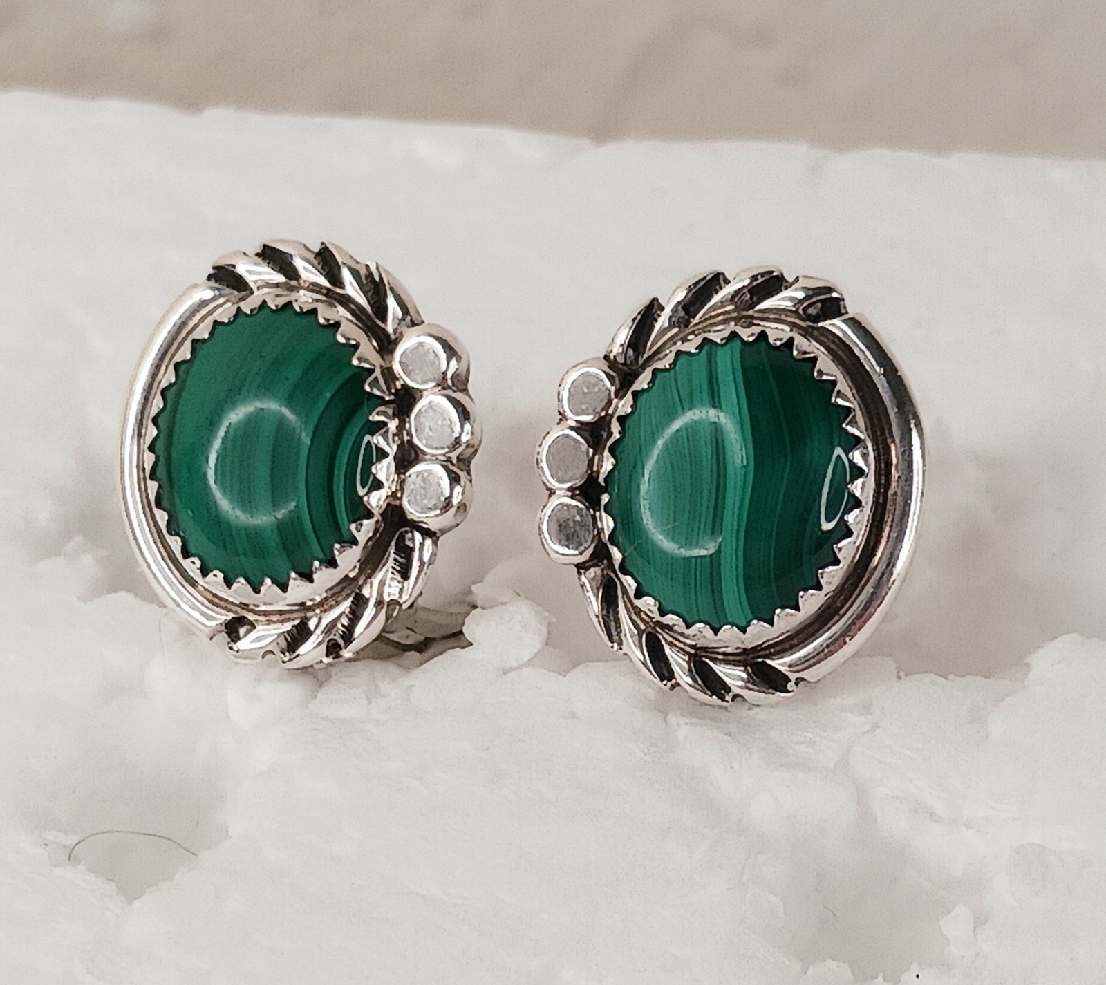 Earrings Clip Vintage Mexico 925 Sterling Malachite Scroll Work Classic Timeless