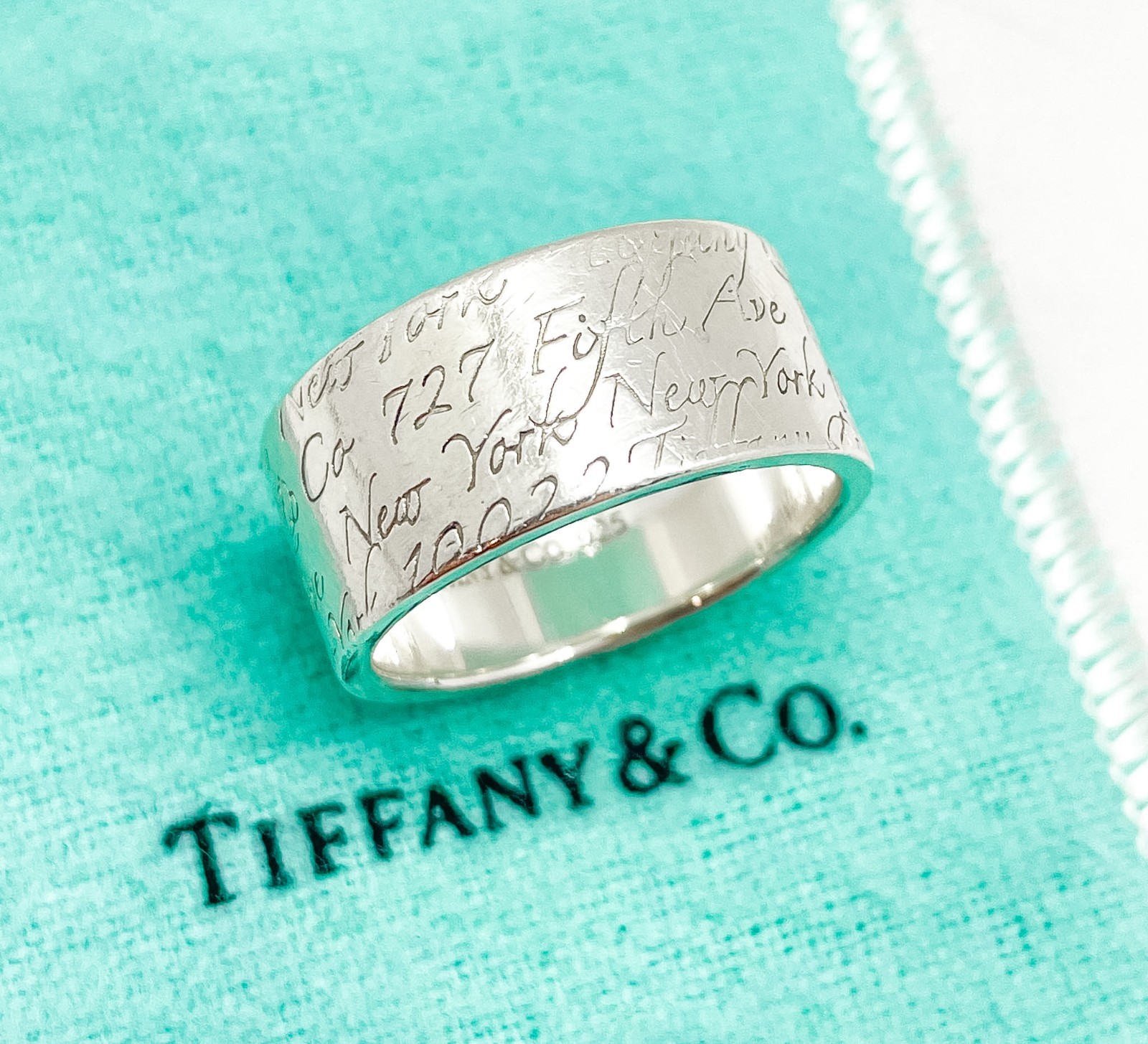 Tiffany & Co. Notes Script Fifth Avenue New York Wide Band Ring Silver Size 8.75